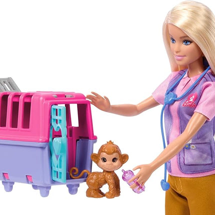 Barbie Careers Doll & Accessories, Animal Rescue & Recovery Playset with Blonde Doll, Baby Monkey & Tiger Figures, Carrier & More