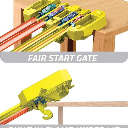 Hot Wheels Toy Car Track Builder Playset, Multi-Lane Speed Box, 18 Component Parts with Storage & 2 1:64 Scale Vehicles