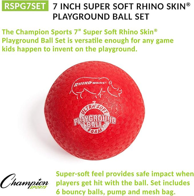 Champion Sports Super Soft Playground Ball Set – Rhino Skin® Foam Inflatable Balls for Indoor & Outdoor Play Durable, Lightweight & Safe for All Ages, Set of 6 with Pump & Mesh Bag