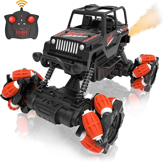 RC Stunt Car, Remote Control Car with 360° Rotation, Sideway Drift, Spray, All Terrain 4WD RC Stunt Hobby Cars for 6-12 Years Old Boys (Red)