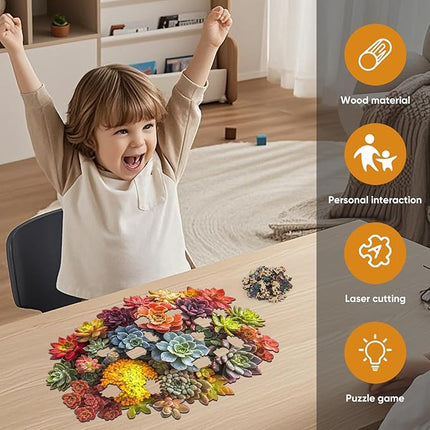 delobi Succulent Waterfall Wooden Puzzles, 200 Pieces Jigsaw Puzzles 13.1'' x 8.9'', Unique Design Liberty Wooden Puzzles for Adults and Kids, Family Game Gift Royal Size