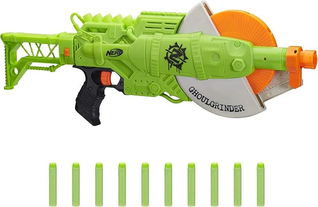 Nerf Zombie Strike Ghoulgrinder Blaster - Rotating 10-Dart Wheel, 10 Official Zombie Strike Elite Darts - for Kids, Teens, Adults
