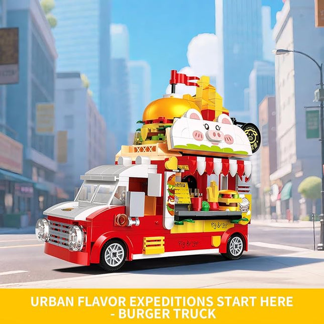 Piggy Burger Truck Building Set, 566PCS Creative Fast Food Truck Playset Compatible with Lego City Car, Imaginative Pretend Play Toys Gift for Kids Ages 6+