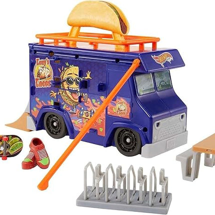 Hot Wheels Skate Taco Truck Play Case, Portable Fingerboard Skatepark Playset for Kids, 1 Exclusive Board, 1 Pair of Removable Skate Shoes & Storage