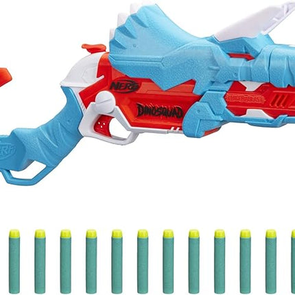 Nerf DinoSquad Tricera-Blast Blaster, Break-Open 3-Dart Loading, 12 Nerf Darts, Dart Storage, Triceratops Dinosaur Design