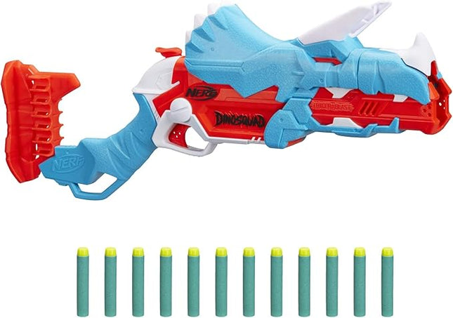 Nerf DinoSquad Tricera-Blast Blaster, Break-Open 3-Dart Loading, 12 Nerf Darts, Dart Storage, Triceratops Dinosaur Design