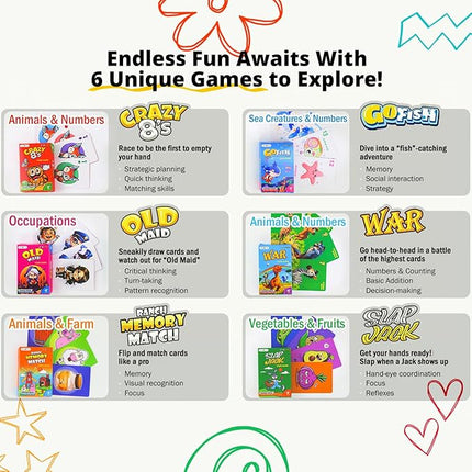 Upgraded Kids Card Games Pack, 6 Decks, Go Fish, Old Maid, Crazy Eights, Memory Match, Slap Jack, War, Playing Cards, Easter Basket Stuffers, Stocking Stuffers