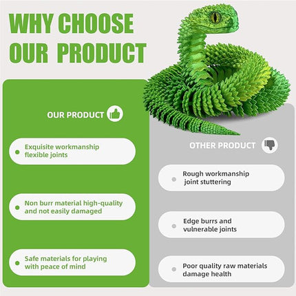 20.2 Inch 3D Printed Snake Toys,3D Printed Animals,3D Printed Toys,3-D Print Articulated Viper Collectible for Home Office Executive Desk Decoration (Blue Green)