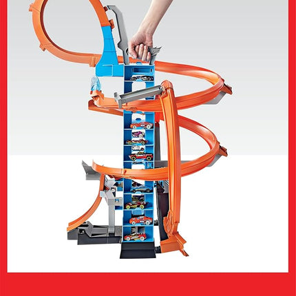 Hot Wheels Sky Crash Tower Track Set, 2.5+ ft / 83 cm High with Motorized Booster, Orange Track & 1 Hot Wheels Vehicle, Race Multiple Cars, Gift for Kids 5 to 10 Years Old & Up
