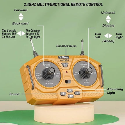 1:20 Scale RC Excavator Toy for Kids - 2.4GHz Remote Control Construction Vehicle with 680° Rotating Arm, Spray Mist, LED Lights & Realistic Sound, for 6 7 8 9 10-12children