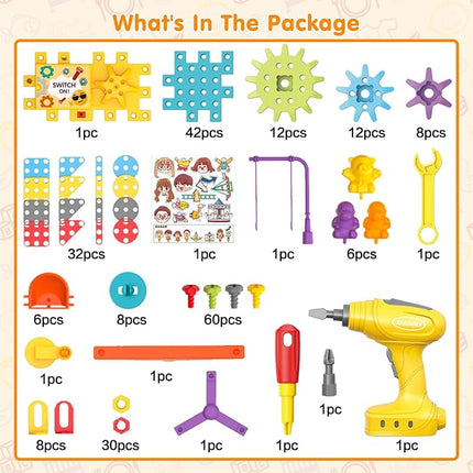 Building Toys, 234 Pieces Upgrade Gear Building Blocks Set Kids Tool Set with Electric Drill, Construction Toys STEM Kits for Kids Age 3+