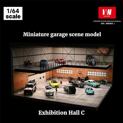 1/64 Model Car Display Case,Fits for 1/64 Hot Wheels Diecast Model Car,Diorama Double Decker Car Showroom Garage Model with Dimmable LED Lighting City Car Parking Lot Scene Model Collection (C)