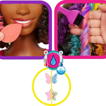 Barbie Totally Hair Styling Doll Head & 20+ Accessories, Color Reveal & Color-Change Pieces, Curly Brown Neon Rainbow Hair