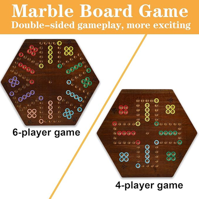 Wahoo Board Game Wooden Original Board Game Classic 2 Side Painted Fast Track Game for 4 Player and 6 Player with 30 Marbles,6 Dices for Family Game Night(Small,Flame)