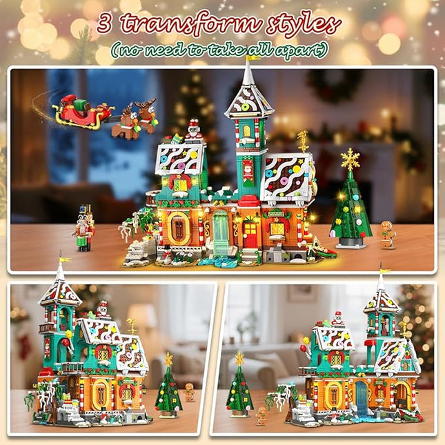 3 Style Christmas Gingerbread House Building Set with Lights - 2025 Holiday Castle Building Block Toy with Santa Claus Xmas Tree Gifts for Adults Teens Kids Girls Boy Ages 10+ (1976PCS)