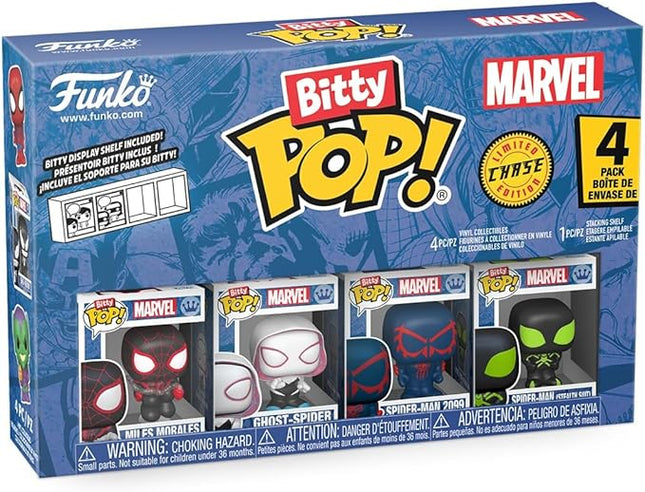 Funko Pop! Bitty: Spider-Man - Miles Morales, Ghost Spider, Spider-Man 2099, and Mystery Chase Figure - 0.9 Inch (2.2 Cm) - Marvel Comics Collectable - Stackable Display Shelf Included - Gift Idea