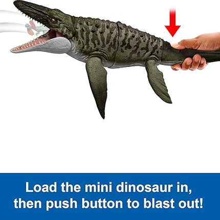 Mattel Jurassic World Rebirth Bite N Blast Mosasaurus Action Figure & Mini Dilophosaurus, Wide Jaw Dinosaur Toy, Movie-Accurate Posable, Digital Play