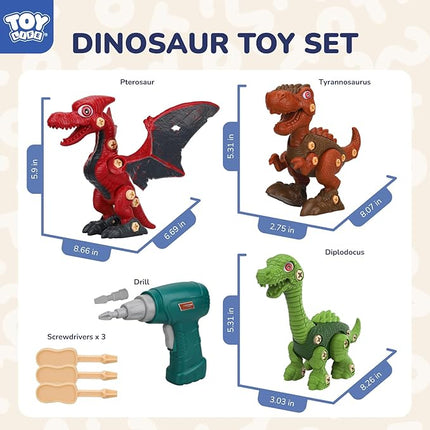 TOY Life 3-Pack Take Apart Dinosaur Toys for Kids 3 5 7 Kid Dinosaur Toy with Electric Drill Birthday Gifts Take Apart Toy for Boys Building Toys for Kids Ages 4-8 Stem Toys Tool Set