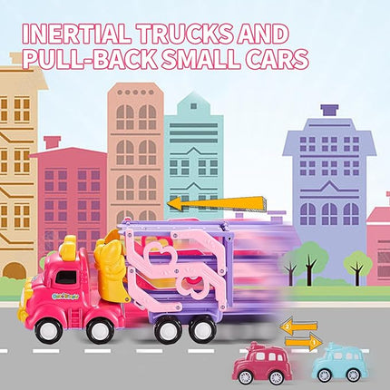 Toddler Girls Cars for 1 2 3 4 5 Year Old,7-in-1 Pink Princess Foldable Transport Carrier Trucks with Lights and Music,Birthday Presents for 1-3 3-5 Yrs Old Babys