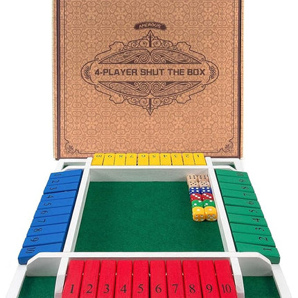 AMEROUS Shut The Box Dice Game-12 inches-Colorful Design-1-4 Players-12 Dice-Gift Package, Classic 4 Sided Wooden Board Game for Adults Kids, Classics Board Game