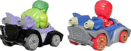 Hot Wheels RacerVerse Toy Cars 2-Pack Set of 2 Die-Cast Vehicles with Non-Removable Drivers of Their Own Cars: Hulk & Iron Man, Optimized for Track