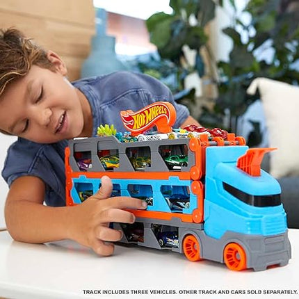 Hot Wheels - Speedway Hauler Storage Carrier with 3 1:64 Scale Cars & Convertible 6-Foot Drag Race Track for Kids 4 to 8 Years Old, Stores 20+ Cars & Connects to Other Playsets, HGH33
