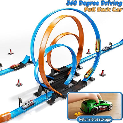 Toy Car Race Track Set for Boys Kids Age 3-5 4-7, Race Tracks with 4 High-Speed Pull Back Race Cars and Crash Zones, Christmas Halloween Birthdays Gifts Toys for Boys Kids 4-6 8-12 Years Old