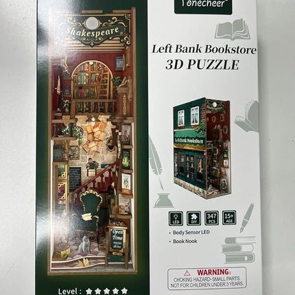 Tonecheer DIY Book Nook Kit for Adults, 3D Wooden Puzzle Bookend Bookshelf Insert Library Bookstore Model Decor, Booknook Miniature Dollhouse with Sensor LED Light for Gifts (Left Bank Bookstore)