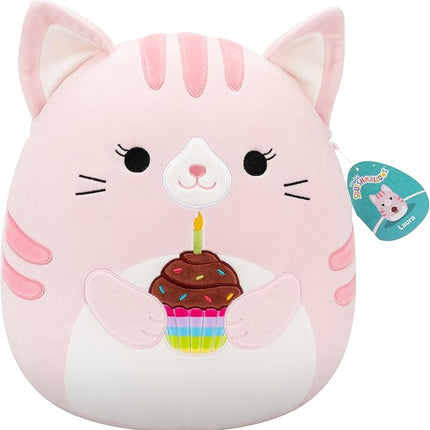Squishmallows Original 14in Laura The Pink Tabby Cat Holding Birthday Cupcake – Official Jazwares Plush (Large)
