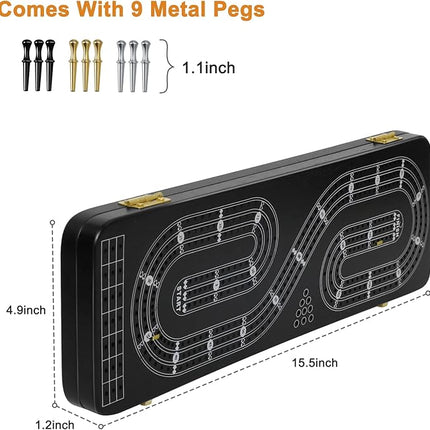 Cribbage Board Game Set 3 Tracks, 2 Storage Area, with 9 Metal Pegs,2 Decks of Playing Cards and Instruction, Wooden Travel Portable Cribbage Game Sets