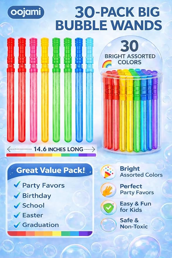 oojami 30 Pack Big Bubble Wands - 14 inches Assortment of Colors Ideal for Party Favors Birthday School Easter Graduation, Bubble Theme Party Value Pack