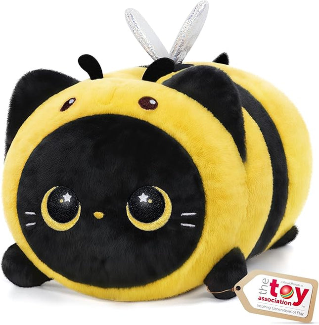 Mewaii Cute Black Cat Bee Plush Pillow, Kawaii Plushies Bee Stuffed Animal Toy, Kitten Plushies with Honeybee Outfit Costume, Soft Squishy Birthday Gifts for Kids & Girls (16 Inch)