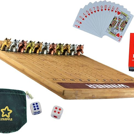 Metal Horse Race Board Game Set with Horse Racing Thick & Solid Wood Game Board(16"/Dark),11 Luxurious with 4 Antique(Gold,Silver,Red Cooper&Bronze) Metal Craft Horses, Dice&Cards (HR-M654)
