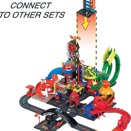 Hot Wheels City Toy Car Track Set, Downtown Car Park Playset with 1:64 Scale Vehicle, 4 Levels, Working Lift & Exit Chute