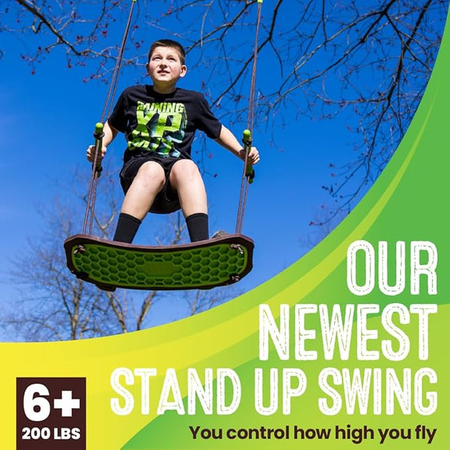 Swurfer Kick Stand Up Surfing Tree Swing Outdoor Swings for Kids Up to 200 Lbs - Hang from Up to 10 Feet High - Includes 24" SwingBoard, UV Resistant Rope, & Handles