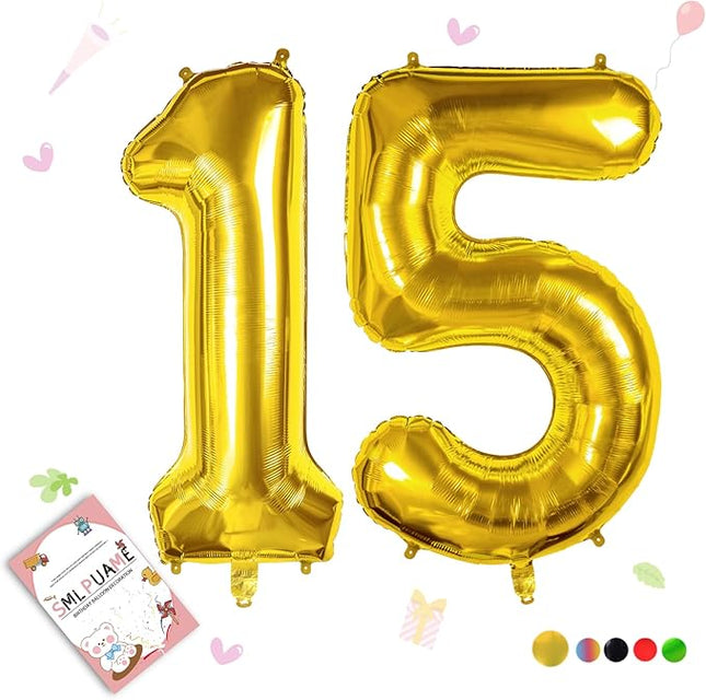 Smlpuame 40 inch Number Balloon 0-9 Gold Large Number 15 Balloons,Digital Balloons for Birthday Party Celebration Decorations Supplies, Helium Foil Number Balloons for Wedding Anniversary