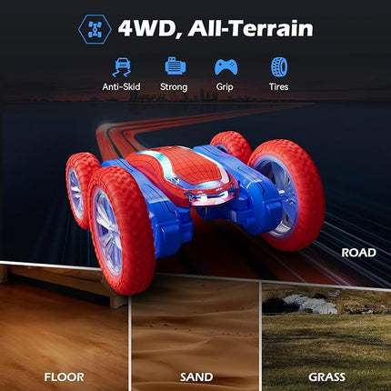 Remote Control Car, Spider RC Cars Toy for Boys Girls Kids 4-6 7-12, 360 Rotating and Double Sided, LED Lights, Music, 2Modular Batteries 40Mins, Gifts for Birthday Christmas