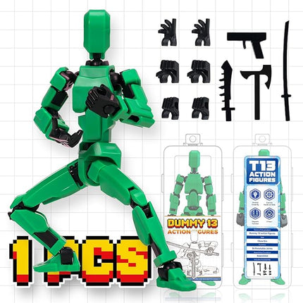 [Assembly Complete] Dummy 13 Action Figures with Magnetic Suction Function, Lucky Titan 13 Action Figures, Multi-Jointed Movable，with 3 Hand-Shapes, 5 Weapons (1Pcs - Green)