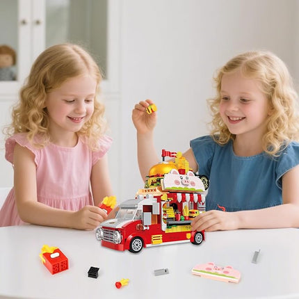 Piggy Burger Truck Building Set, 566PCS Creative Fast Food Truck Playset Compatible with Lego City Car, Imaginative Pretend Play Toys Gift for Kids Ages 6+
