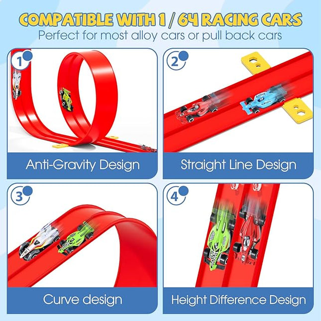 13 Ft Flexible Race Car Track Compatible with Hot Wheels and Diecast 1:64th Cars,Classic Long Rolls Up Portable Racetrack Roll Up Race Track, Birthday Gifts for Boys Girls Ages 3-12, Red
