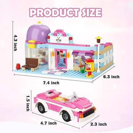 BRICK STORY Girls Friends Hair Salon Building Kit with 2 Mini People 5 Dolls Hair Pretend Play Set for Kids 358 Pieces with a Pink Convertible Car Gift Idea for Birthday for Girls Age 6-12 8-12