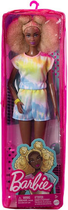 Barbie Fashionistas Doll, Tall, Blonde Afro with Side Puffs, Tie-dye Romper, Sneakers, Yellow Bracelet, Toy for Kids 3 to 8 Years Old
