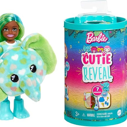 Barbie Cutie Reveal Chelsea Small Doll, Jungle Series Elephant Plush Costume, 7 Surprises Include Mini Pet & Color Change