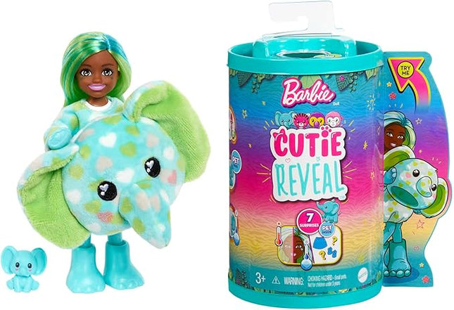 Barbie Cutie Reveal Chelsea Small Doll, Jungle Series Elephant Plush Costume, 7 Surprises Include Mini Pet & Color Change