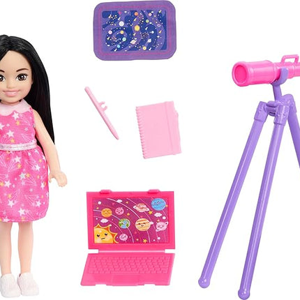 Barbie Toy Set, Chelsea Can Be Astronomer, Brunette Small Doll with 5 Science-Themed Accessories Including a Telescope