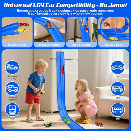 for Hot Wheels Race Car Flexible Track for Kids Toy,Diecast 1/64th Kids Toy Cars Flex Track Ramp 15Ft Starter Set Long Rolls Up Portable Flexible DIY Racetrack with Suction Cups for Boy Girl Age 3+