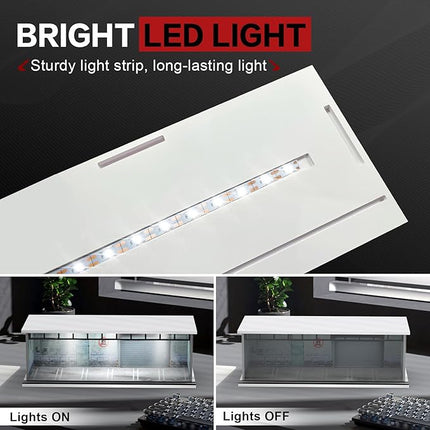 1/64 Scale Diecast Display Case for Hot Wheels Matchbox Cars, Toy Car Model Mini Garage with LED Light and Acrylic Cover, Stackable Parking Lot Diorama Storage for Collection Present