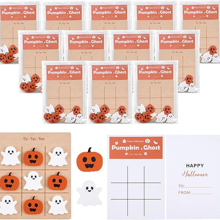 12Pcs Halloween Tic Tac Toe Board Game, Mini Wooden Tic Tac Toe Strategic Board Game with Cute Pumpkin, Ghost Pieces and Cards for Non Candy Halloween Treats Gift Party Prizes Family Activities