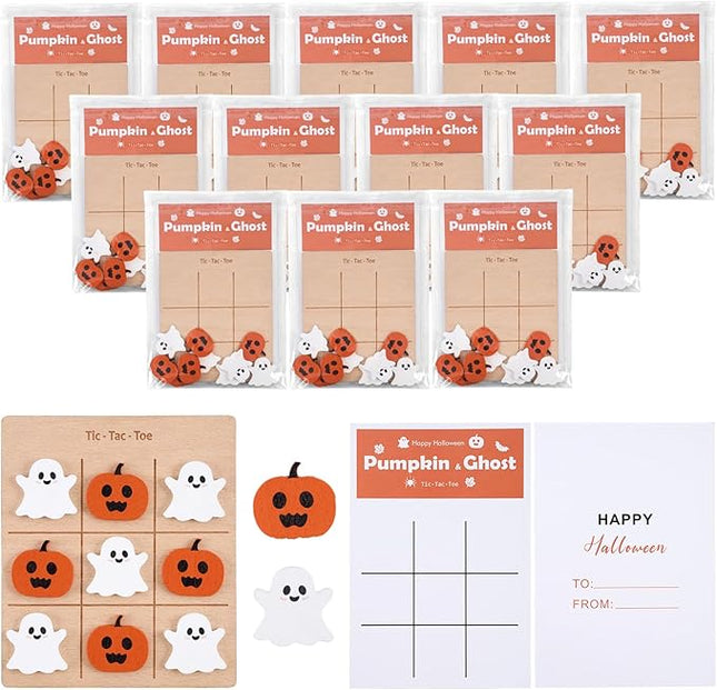 12Pcs Halloween Tic Tac Toe Board Game, Mini Wooden Tic Tac Toe Strategic Board Game with Cute Pumpkin, Ghost Pieces and Cards for Non Candy Halloween Treats Gift Party Prizes Family Activities