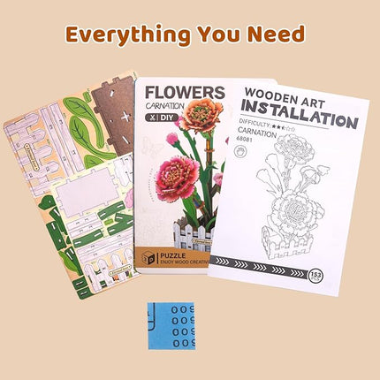 3D Wooden Flower Puzzles for Adults Carnation, DIY Artificial Flower Building Set Wooden Bloom Craft Kits Home Decoration, for Women Mom Birthday Thanksgiving Christmas Valentine's Day